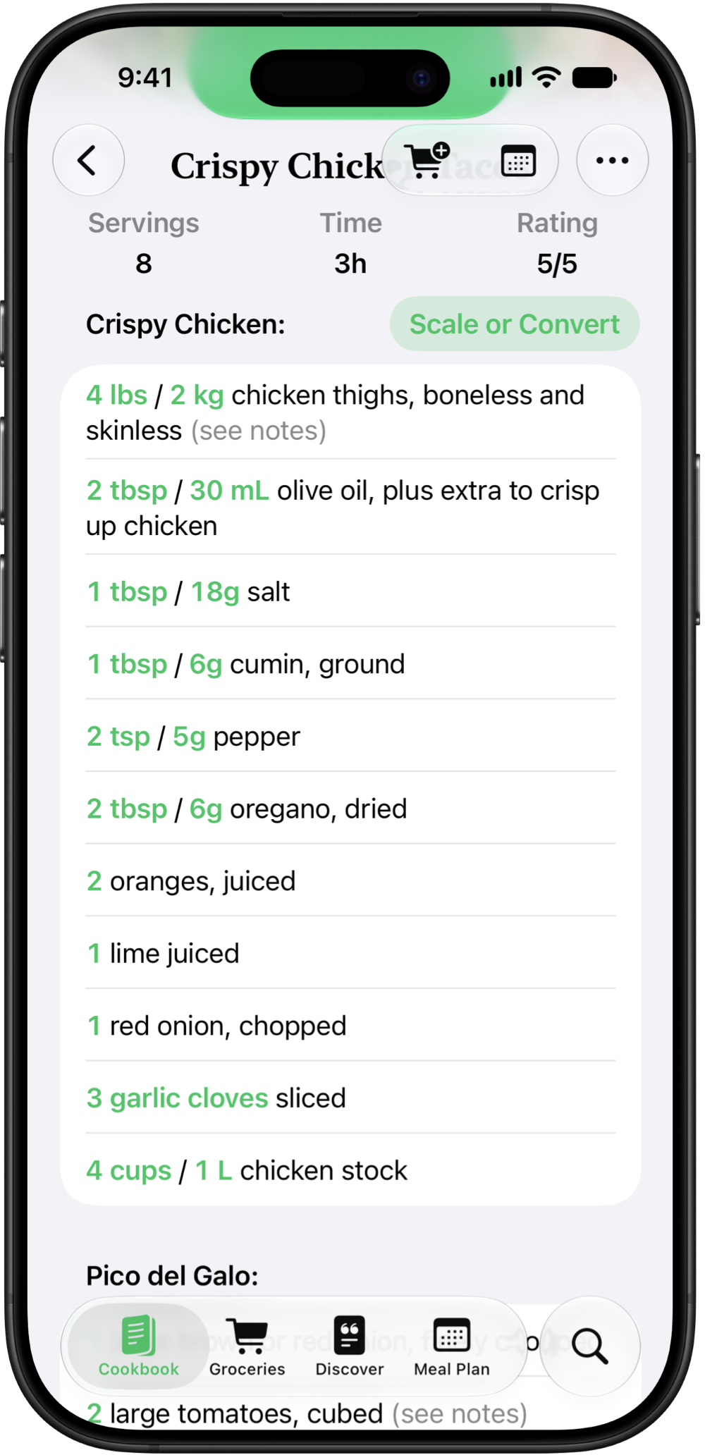 Ingredient quantities being scaled in Pestle